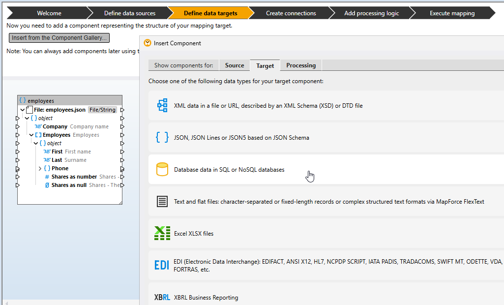 inserting components using MapForce tutorial