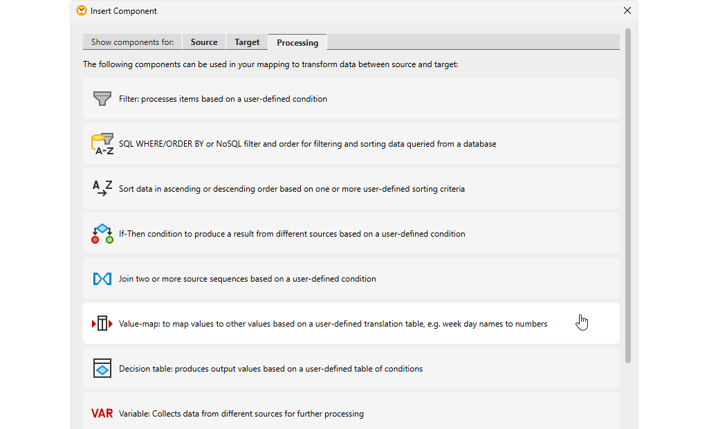 Choosing data mapping components
