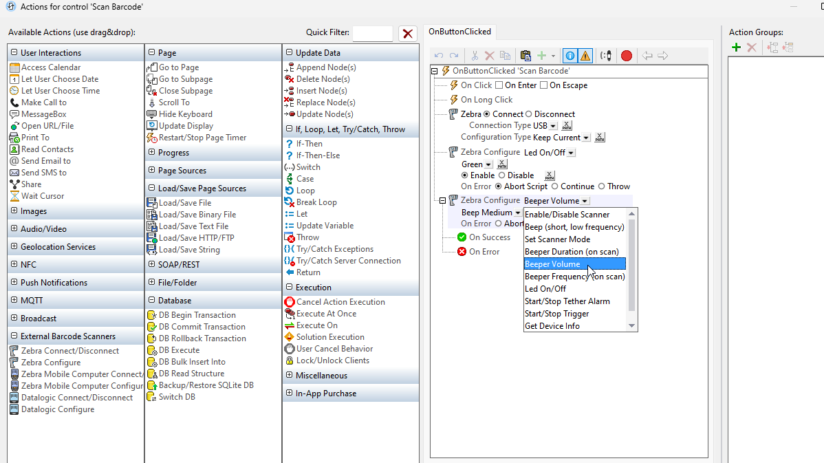 Actions for implementing barcode scanning in MobileTogether