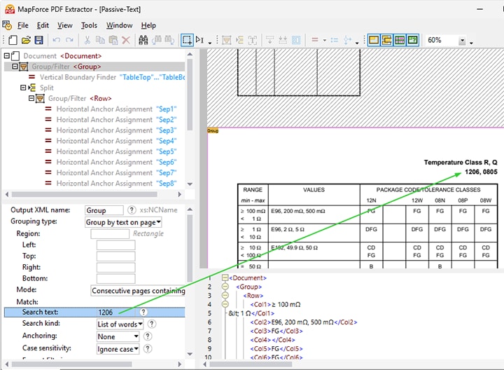 Text search in MapForce PDF Extractor