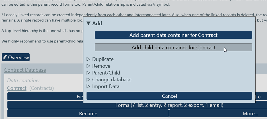 Add a data container to your online database