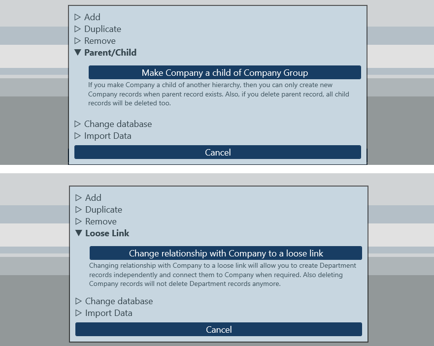 Changing parent/child and loose links in the database