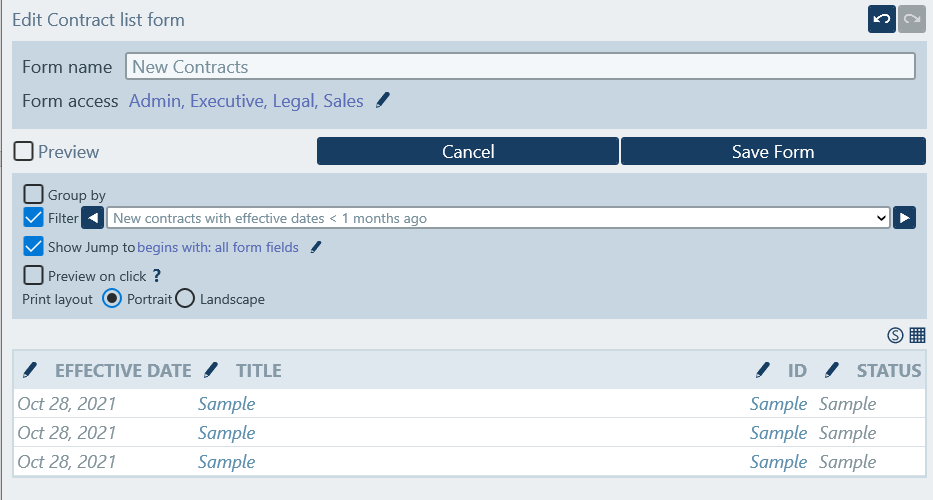 Selecting a filter for a list form