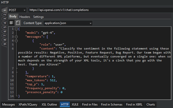 Prompt engineering by testing AI API response in XMLSpy