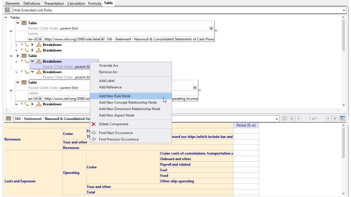 XBRL Table Linkbase Editor in XMLSpy