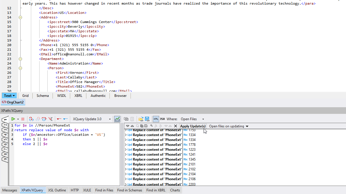 Editing XQuery Update Facility statements with XMLSpy